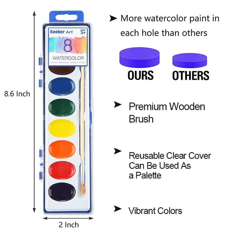 Keebor 36 Pack Watercolor Paint Set, 8 Colors Washable Water Color with Paint Brush, Water Color Paint Sets for Kids and Adults, Party Favors, Christmas Gift - Image 2